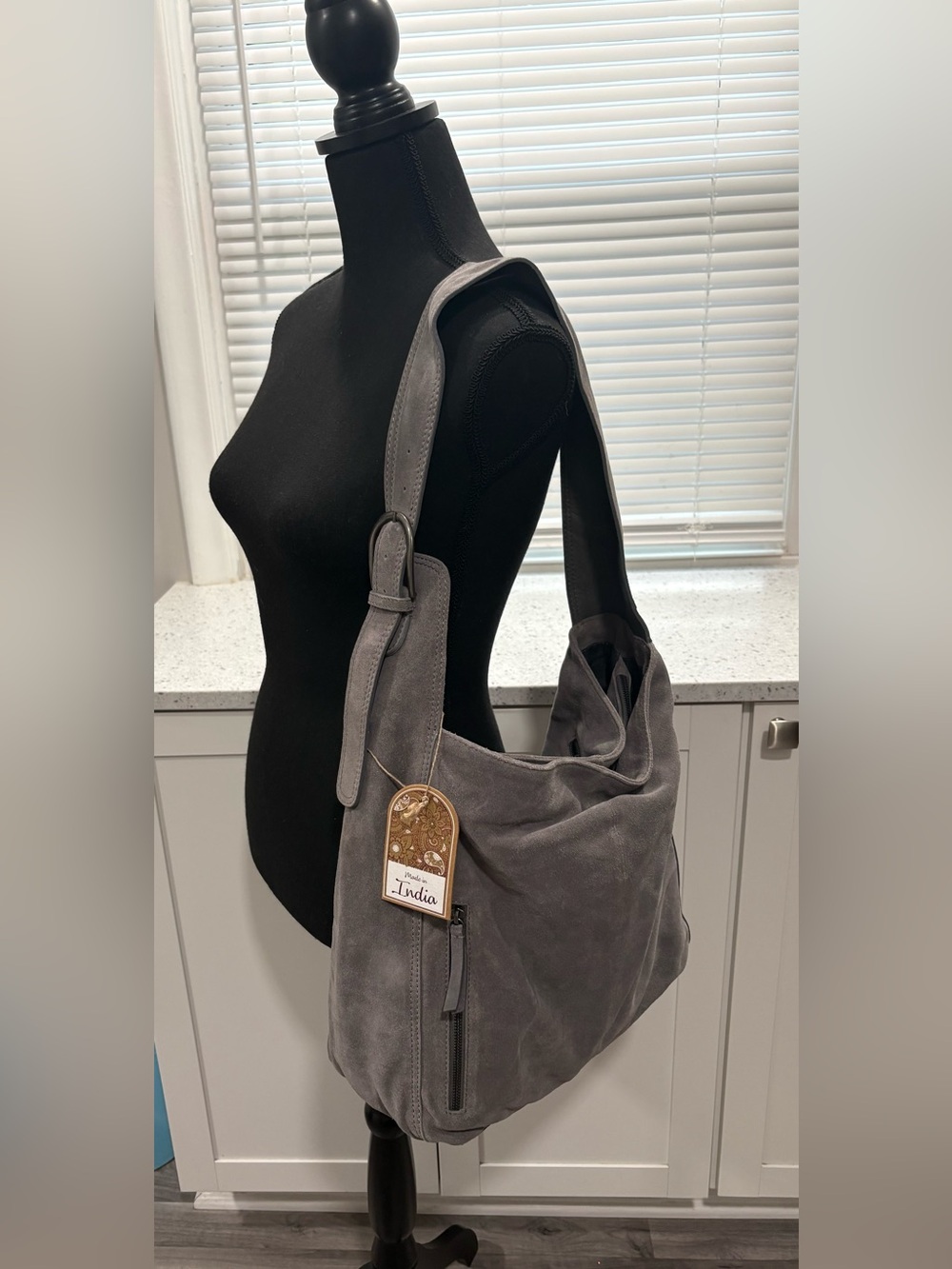 NWT Made in India Oversized Suede Shoulder Hobo Bag in Gray